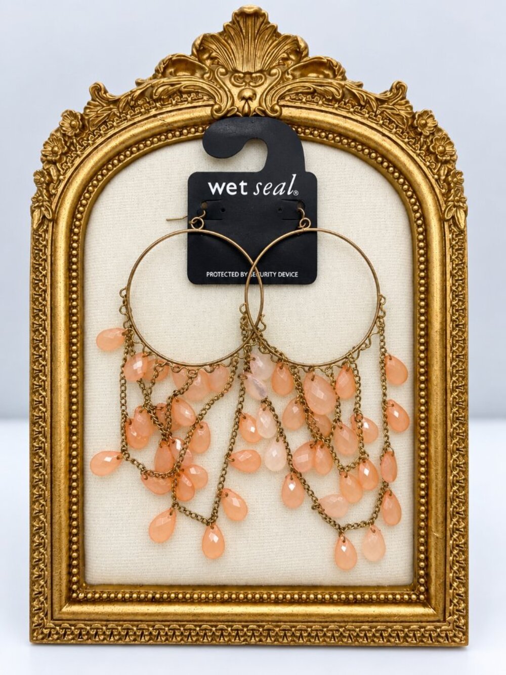 Wet Seal Peach Beaded Gold Tone Chandelier Hoop Earrings NWT